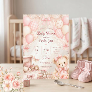 Convite Chá de Bebê Urso Teddy Coquette Rosa