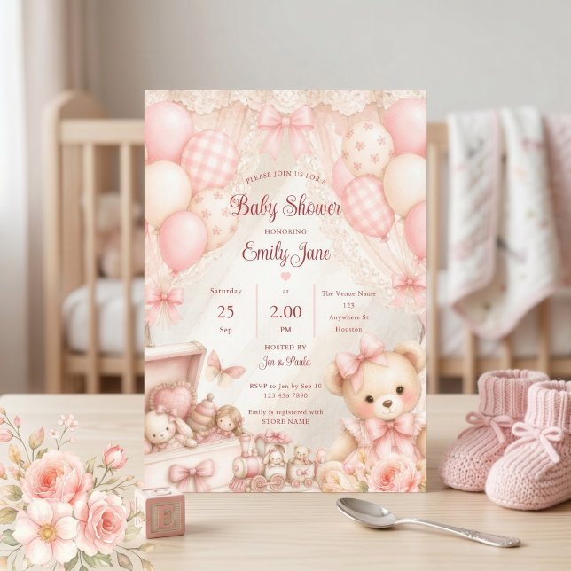 Convite Chá de Bebê Urso Teddy Coquette Rosa (Criador carregado)