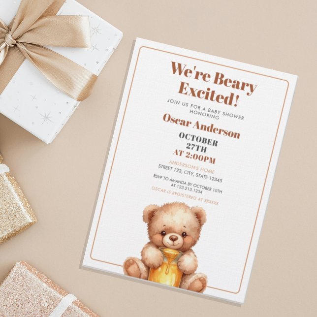 Convite Chá de Bebê Urso Teddy de Mel Fofo em Aquarela (Criador carregado)