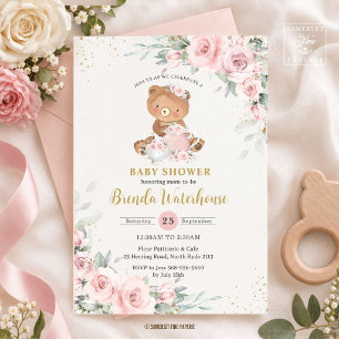 Convite Chá de Bebê Urso Teddy Floral Rosa Cor-de-Rosa