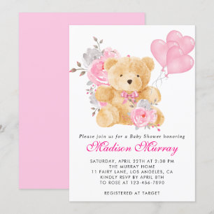 Convite Chá de Bebê Urso Teddy Floral Rosa Menina