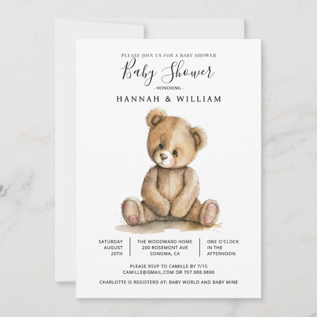 Convite Chá de Bebê Urso Teddy Fofo (Frente)