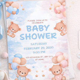 Convite Chá de Bebê Urso Teddy Fofo & Balão Azul Rosa