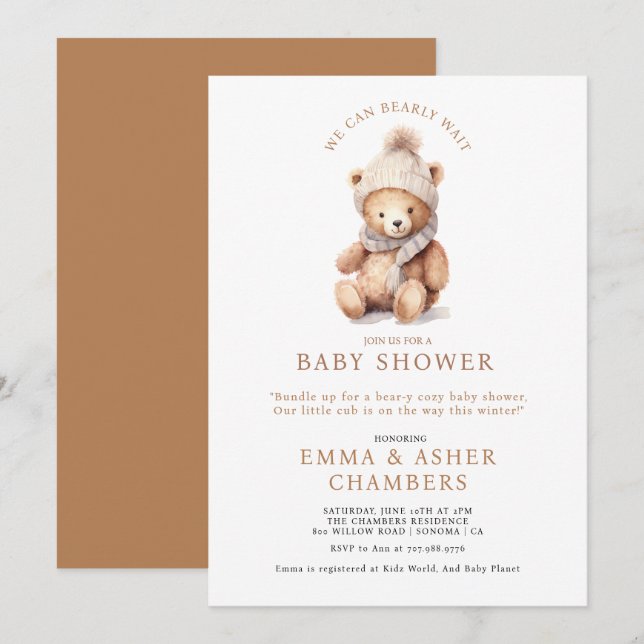 Convite Chá de Bebê Urso Teddy Fofo de Inverno (Frente/Verso)