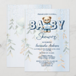 Convite Chá de Bebê Urso Teddy Fofo Floral Azul 