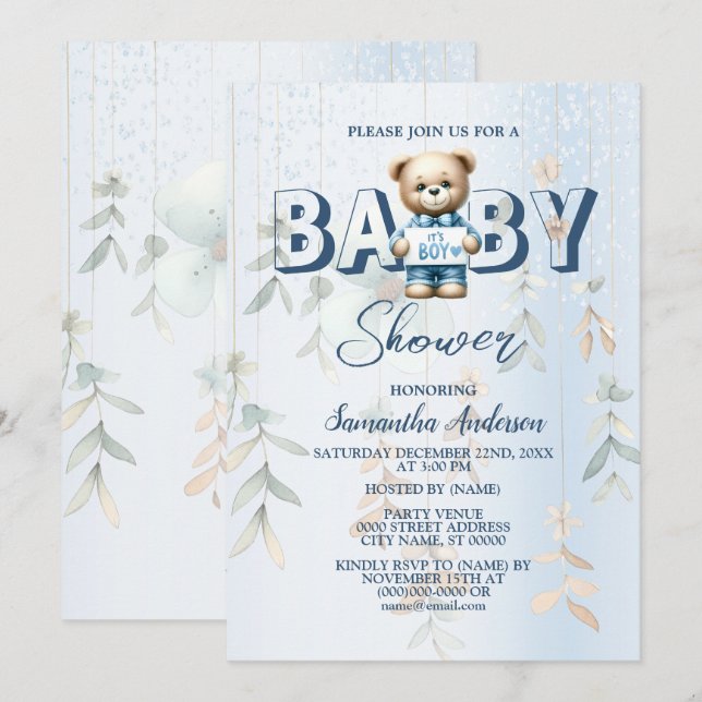 Convite Chá de Bebê Urso Teddy Fofo Floral Azul  (Frente/Verso)