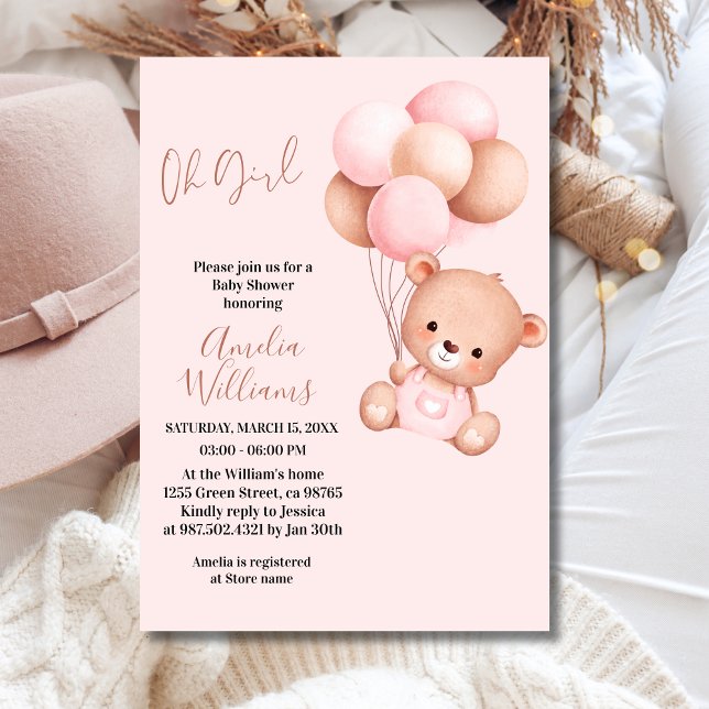 Convite Chá de Bebê Urso Teddy Fofo Menina Balão Rosa (Criador carregado)