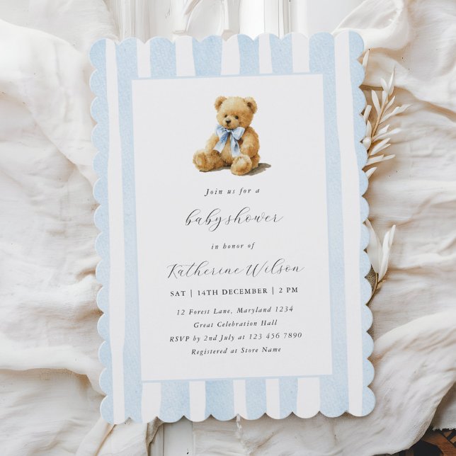 Convite Chá de Bebê Urso Teddy Listras Azuis Elegantes (Criador carregado)