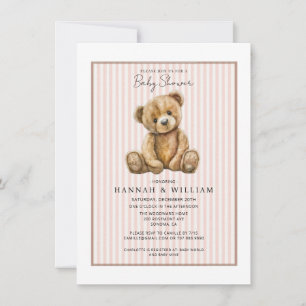 Convite Chá de Bebê Urso Teddy Listras Rosa