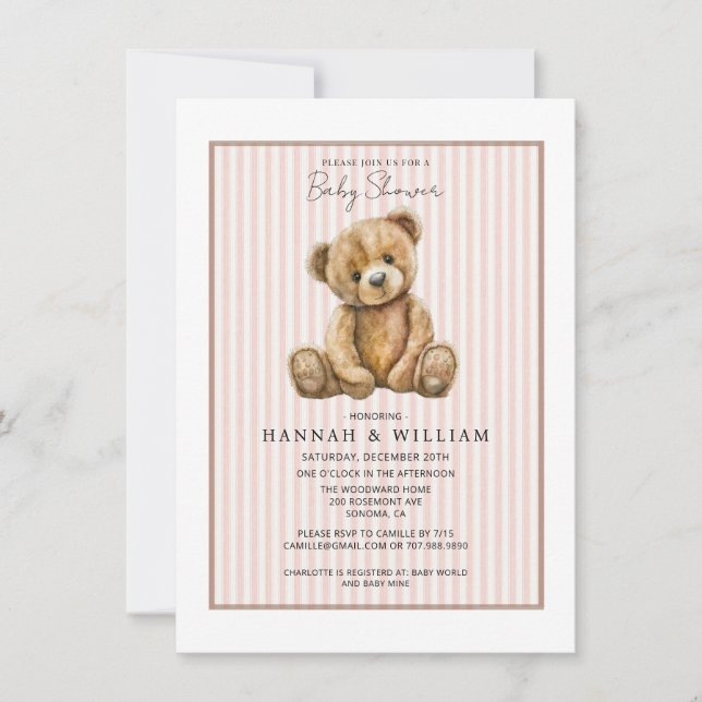 Convite Chá de Bebê Urso Teddy Listras Rosa (Frente)