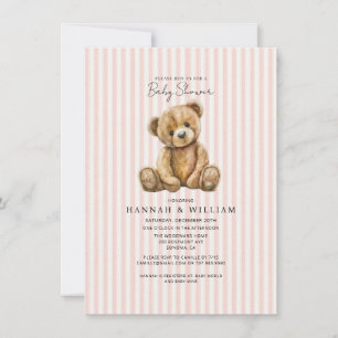 Convite Chá de Bebê Urso Teddy Listras Rosa