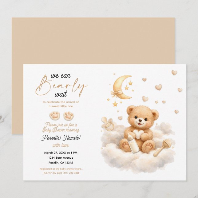 Convite Chá de Bebê Urso Teddy Mal Podemos Esperar (Frente/Verso)