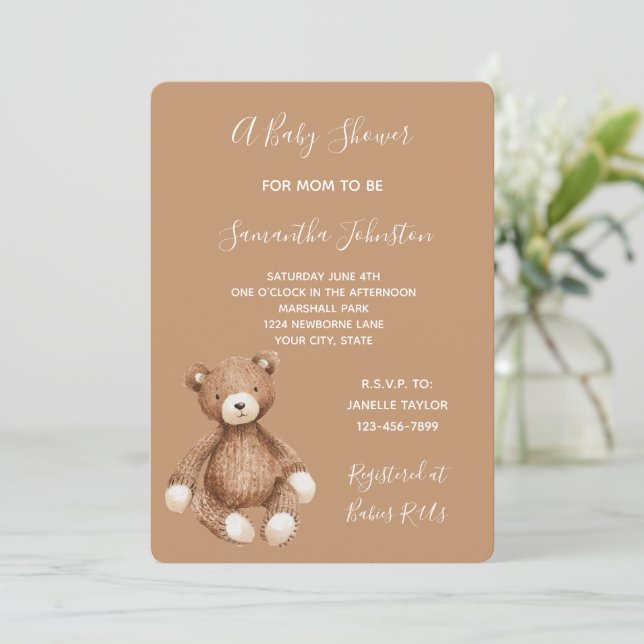 Convite Chá de Bebê Urso Teddy Marrom Fofo (Em pé/Frente)