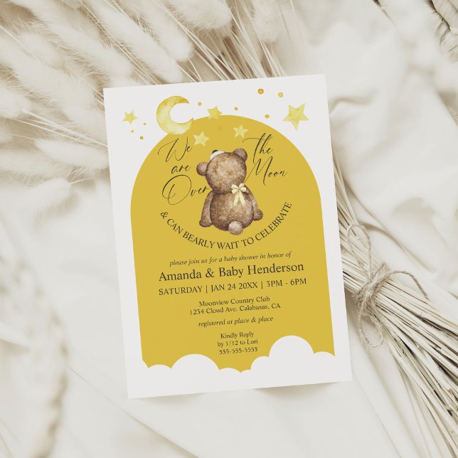 Convite Chá de Bebê Urso Teddy Menina Amarela Além da Lua (Criador carregado)