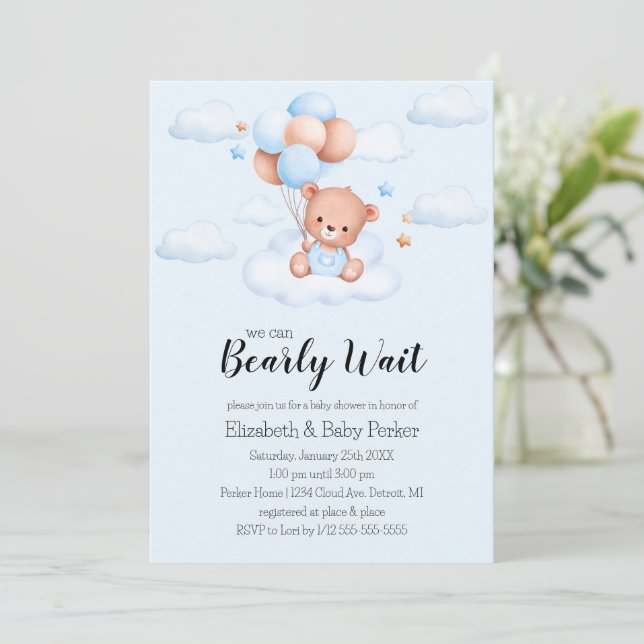 Convite Chá de Bebê Urso Teddy Menino (Em pé/Frente)