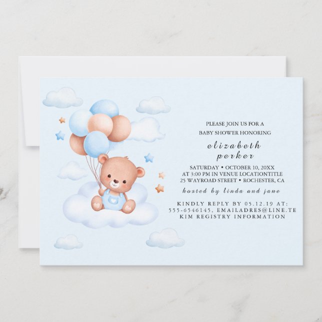 Convite Chá de Bebê Urso Teddy Menino Azul (Frente)