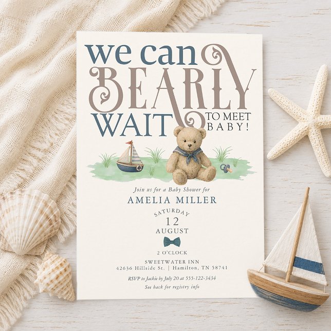 Convite Chá de Bebê Urso Teddy Náutico Mal Posso Esperar (Nautical Can Bearly Wait Teddy Bear Baby Shower Invitation)