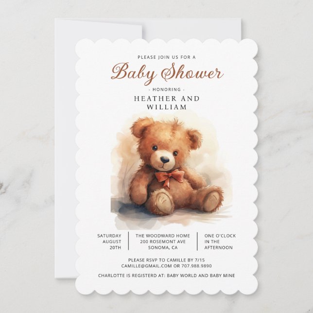 Convite Chá de Bebê Urso Teddy Neutro (Frente)