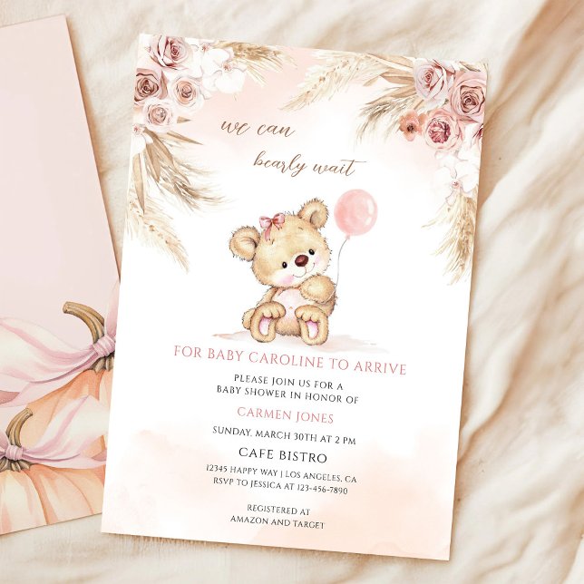 Convite Chá de Bebê Urso Teddy Pink Pampas (Criador carregado)