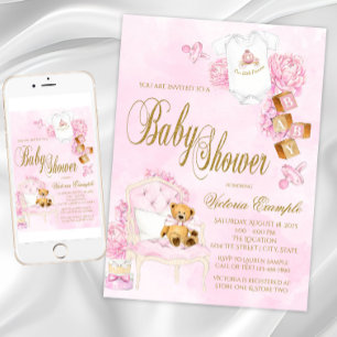 Convite Chá de Bebê Urso Teddy Rosa Dourado Menina