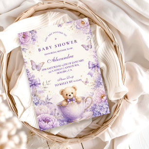 Convite Chá de Bebê Urso Teddy Roxo Caprichoso
