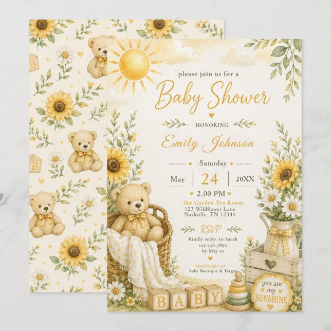Convite Chá de Bebê Urso Teddy Sunshine (Frente/Verso)