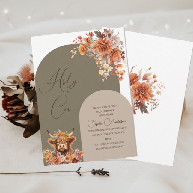 Convite Chá de Bebê Vaca das Terras Altas Rust Aquarela (Criador carregado)