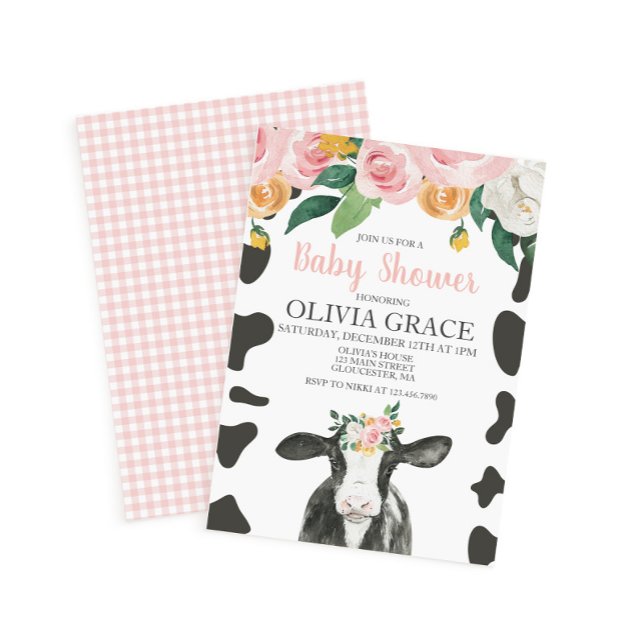 Convite Chá de Bebê Vaca Floral Rosa e Xadrez (Criador carregado)