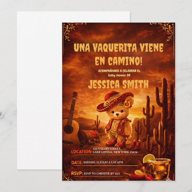 Convite Chá de Bebê Vaquerita Mexicana Espanhola Menina (Frente/Verso)