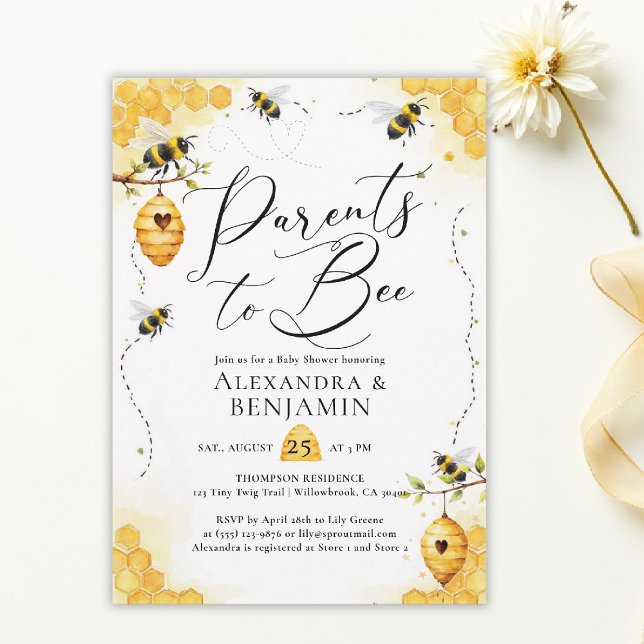 Convite Chá de Bebê Verão Aguarela Pais Coed (parents to bee baby shower theme invitation spring summer little honey watercolor elegant)