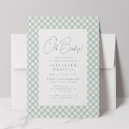 Convite Chá de bebê verde gingham fofo neutro