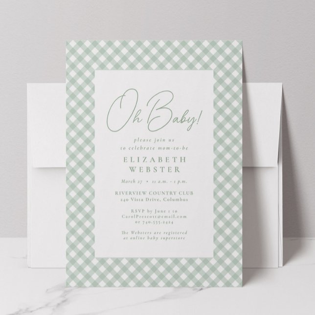 Convite Chá de bebê verde gingham fofo neutro (Criador carregado)