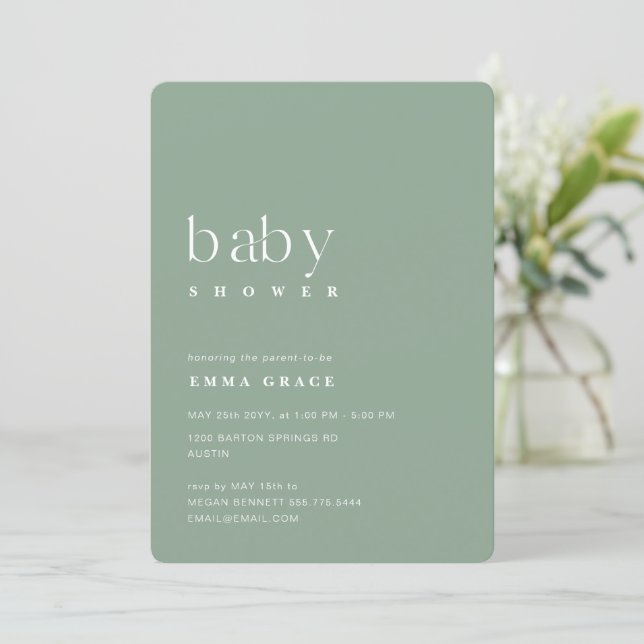 Convite Chá de Bebê Verde Oliva Neutro Minimalista (Em pé/Frente)