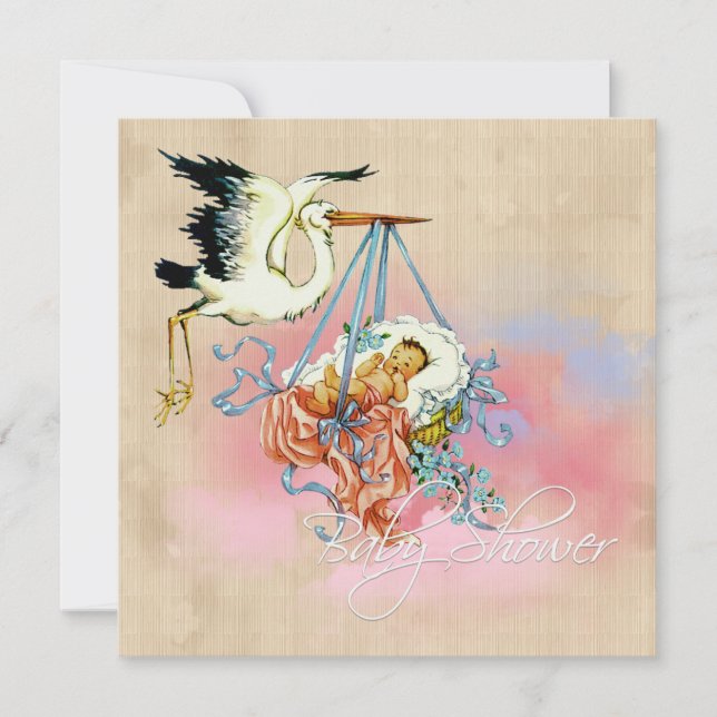 Convite Chá de Bebê Vintage Cegonha Menino (Frente)