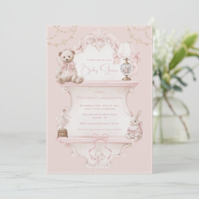 Convite Chá de Bebê Vintage Elegante Rosa (Em pé/Frente)