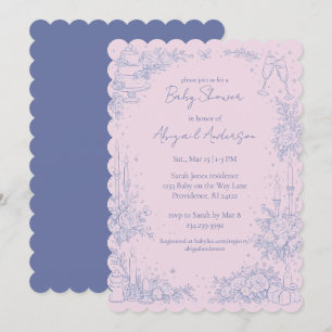 Convite Chá de Bebê Vintage em Azul e Rosa Escamado