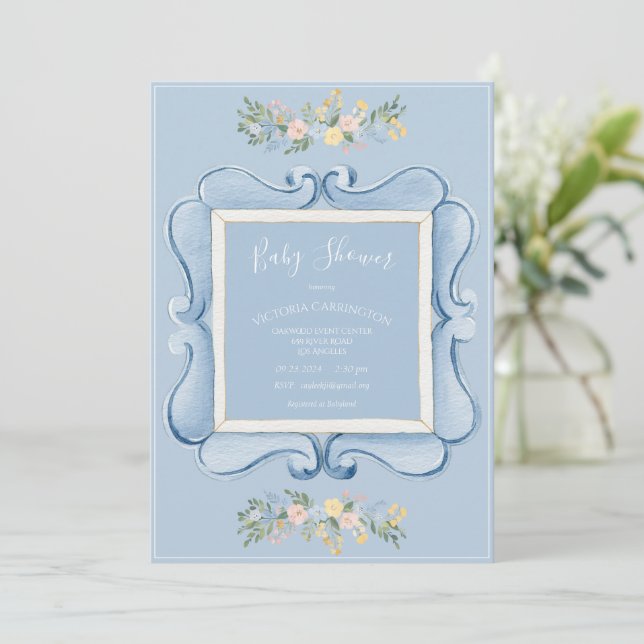 Convite Chá de Bebê Vintage Floral Azul (Em pé/Frente)