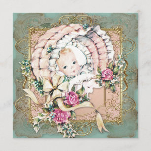 Convite Chá de Bebê Vintage Rosa Azul Turquesa e Dourado p