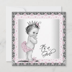 Convite Chá de Bebê Vintage Rosa e Cinza para Menina