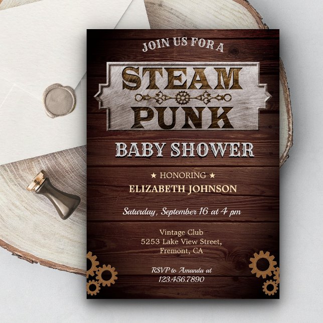 Convite Chá de Bebê Vintage Rústico Steampunk (Criador carregado)