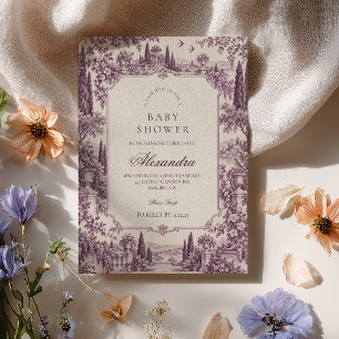 Convite Chá de Bebê Vintage Toile de Chinoiserie Roxo