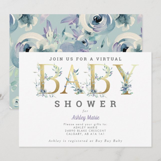 Convite Chá de Bebê Virtual à Distância Flores Azuis (Frente/Verso)