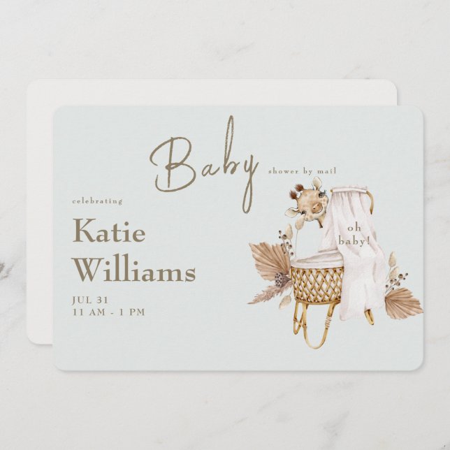 Convite Chá de Bebê Virtual Berço Light Sage Girafa (Frente/Verso)