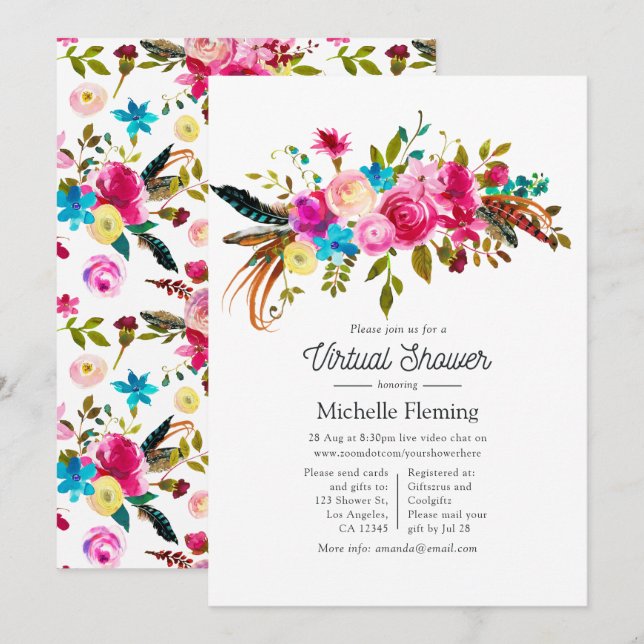 Convite Chá de Bebê Virtual Boho Chic Floral Aquarela (Frente/Verso)