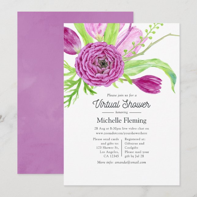 Convite Chá de Bebê Virtual com Aquarela Floral (Frente/Verso)