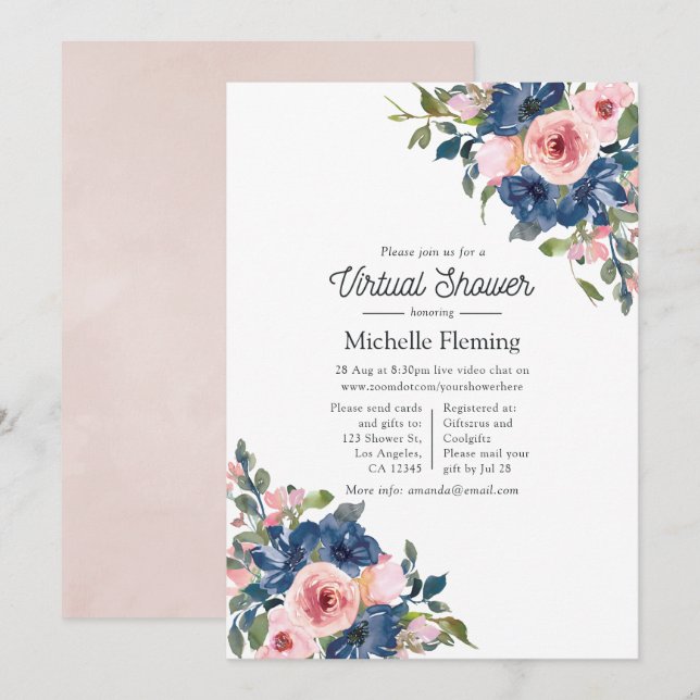Convite Chá de Bebê Virtual Floral Azul Marinho e Rosa (Frente/Verso)