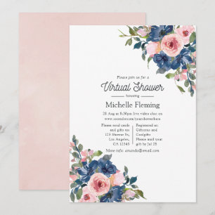 Convite Chá de Bebê Virtual Floral Azul Marinho e Rosa