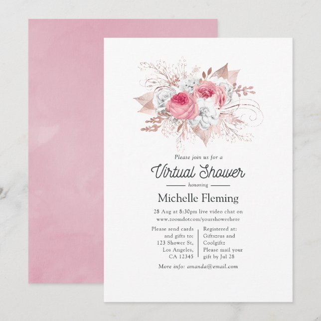 Convite Chá de Bebê Virtual Floral Rosa e Dourado Rosa (Frente/Verso)