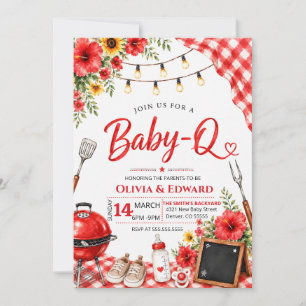 Convite Chá de Bebê Watercolor Red Gingham BBQ Baby-Q