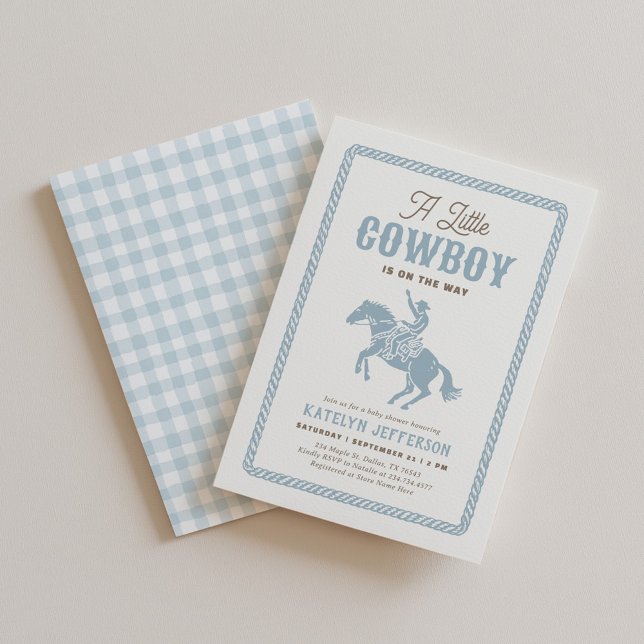 Convite Chá de Bebê Xadrez Azul Pequeno Cowboy (Criador carregado)